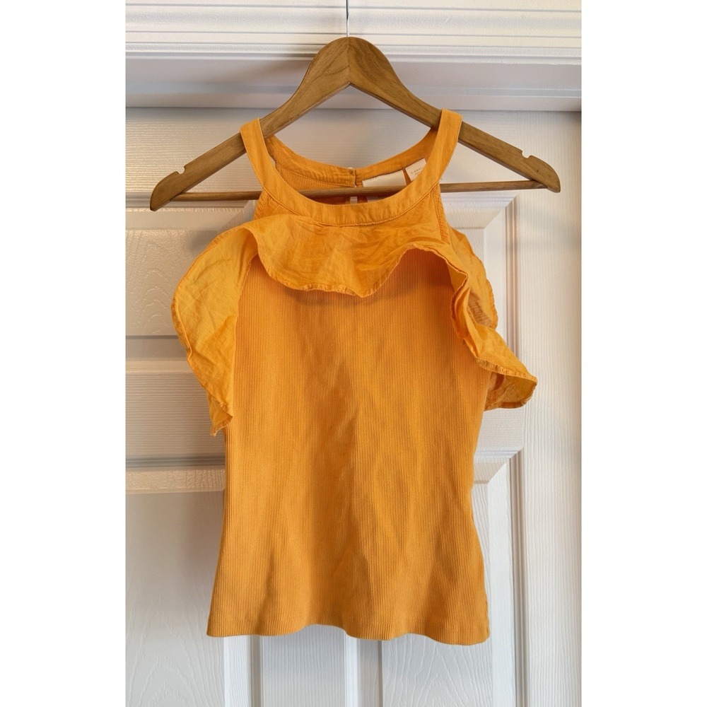 Maeve Anthropologie Halter Top Womens XS Orange Ruffle Cold Shoulder Ribbed Knit